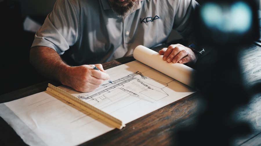Construction professional reviewing building plans